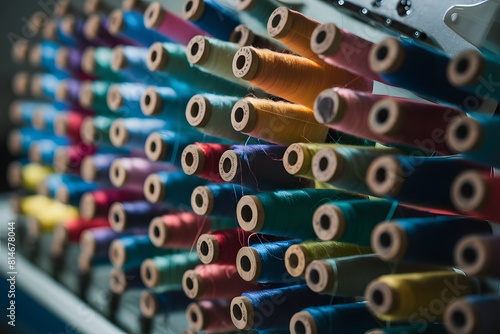 Colorful thread spools organized on a machine for embroidery or sewing purposes.