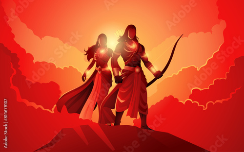 Hindu mythology series, majestic presence of Lord Rama and sita vector illustration, depicting the revered Hindu deity standing gallantly atop a mountain against a dramatic cloudscape background 