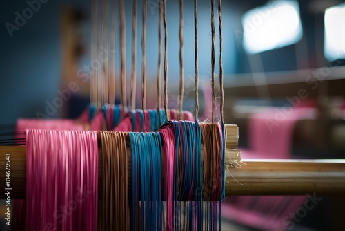 Colorful threads on a loom, ready for creation, showcasing meticulous fabric weaving.