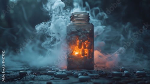 Medications in jars on a blurred dark background with smoke, drug concept.
