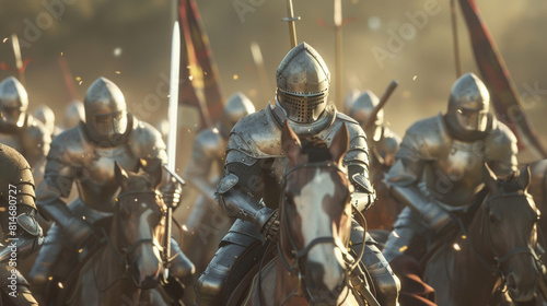 Rendered knights in shimmering armor poised for battle in the morning light.