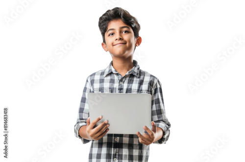 Young Boy with Laptop on Transparent Background