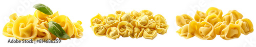 cutout set of three piles of uncooked tortellini, type of italian pasta 