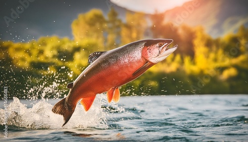 large salmon is jumping out of the water vibrant color scheme