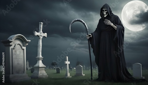 The grim reaper looming over a grave a silent sen