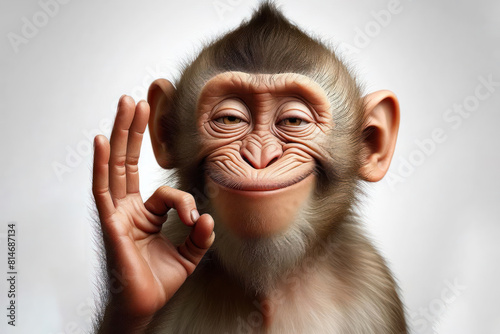monkey facial expression very funny giving your agreement with an Ok gesture Isolated on white background