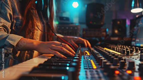 A woman uses an equalizer to adjust the sound in a music studio. The background is blurred.