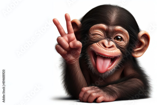 monkey baby with tongue out and winking one eye closed Isolated on white background