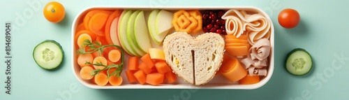 A healthy and delicious lunch box with a variety of fresh vegetables, fruits, and whole wheat bread. Perfect for a school or work lunch.
