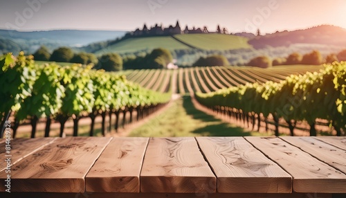 an empty wooden table for product display blurred french vineyard in the background