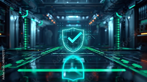 The image shows a glowing green check mark inside a metallic shield in a futuristic setting.