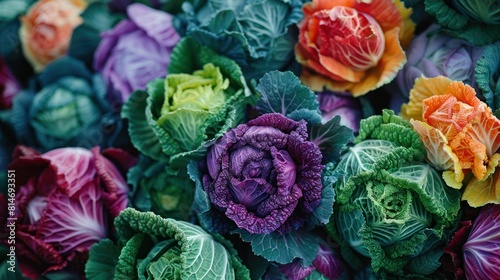 Top view of cabbage close up, background pattern for design, natural and organic colorful colors, nice rotation, zoom style.