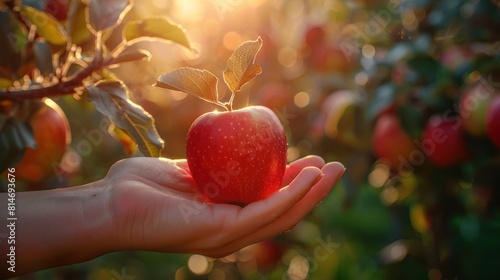 close up of a hand holding red apple from an apple tree in an orchard during sunset