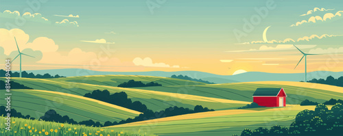 A serene rural farmland with rolling hills, peaceful pastures, and quaint windmills. Vector flat minimalistic isolated
