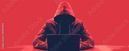 hooded hacker with hidden face, working on laptop. vector simple illustration