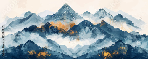 Minimalistic mountain landscape with watercolor gold brush and texture in traditional orienta. vector simple
