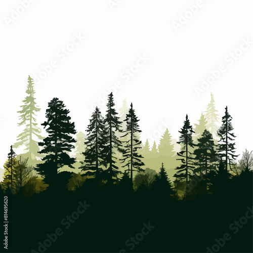 Green Forest landscape silhouettes panorama with pines, fir trees, cedars. Editable vector illustration with isolated stand alone trees for your own