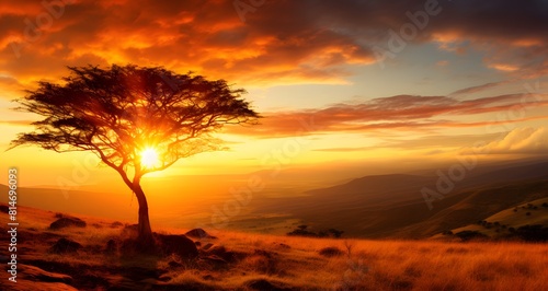 AI generated illustration of a lone tree in a deserty landscape at golden sunset