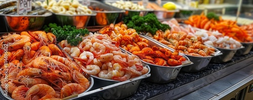 A variety of fresh seafood is on display at a market. There are many different types of fish, shrimp, and other seafood available. The seafood is all fresh and looks delicious.