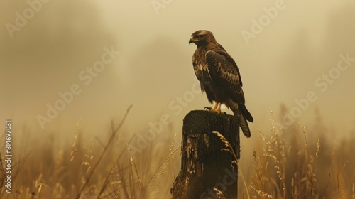 Brown-plumed wild Aquila fasciata perched on a timber stump against a hazy background in its native habitat