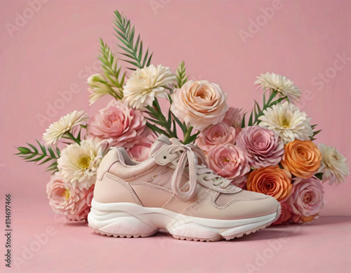 Sneakersy wśród kwiatów na pastelowym tle