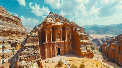 The ancient Al-Khazneh, a famous temple in Petra, Jordan.