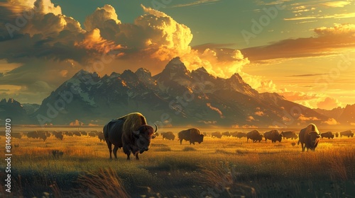 The image shows a herd of bison roaming in a picturesque valley. The setting sun casts a warm glow on the scene, creating a peaceful and majestic atmosphere.