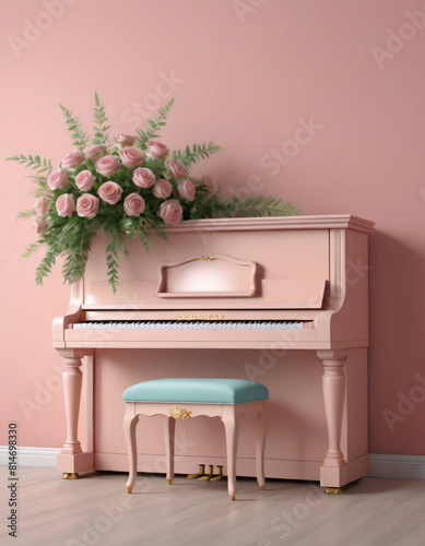 Kolorowy fortepian z kwiatami na pastelowym tle