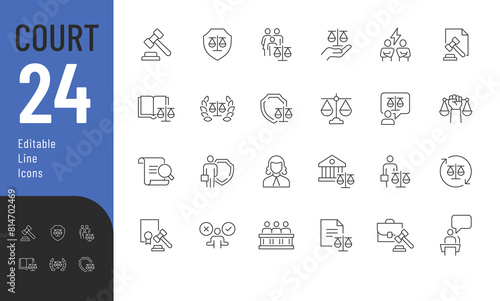 Court Editable Icons set. Vector illustration in modern thin line style of law related icons: Lawyer, judge, justice, and more. Pictograms and infographics for mobile apps. 