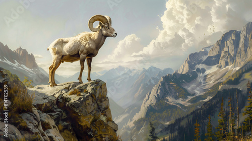 bighorn sheep standing on mountain cliff with trees and mountains in the background