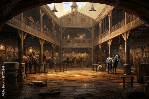 Digital illustration of the inside of a vintage barn filled with horses and people in a western setting