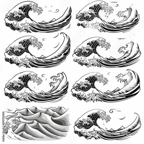 a drawing of the great wave in black and white