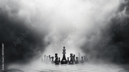 chess, the concept of strategic management, leadership, business team, decision-making, a group of chess-like figures in a fog of uncertainty, fictional figures