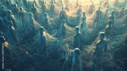depicting an ethereal gathering of translucent, ghost-like figures, standing amidst a surreal, web-like structure