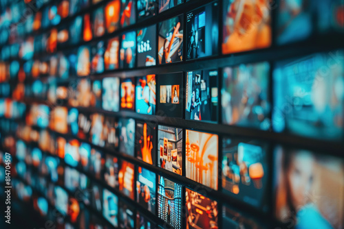 A wall of digital screens displaying various media content, representing the wide range and diversity in video marketing solutions.