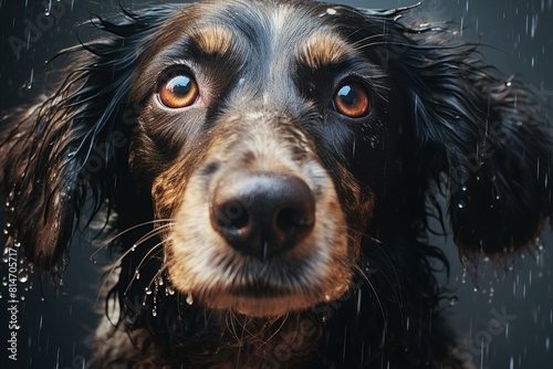 Close-up of a wet spaniel dog with soulful eyes looking at the camera, raindrops falling