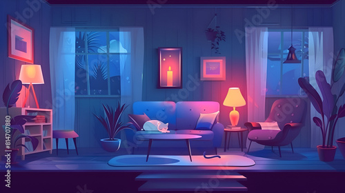 Living room interior at night - dark blue house inside with windows and pink light from candle lamp. Cartoon vector midnight apartment with cat sleeping on sofa, armchair and table, plants and flowers