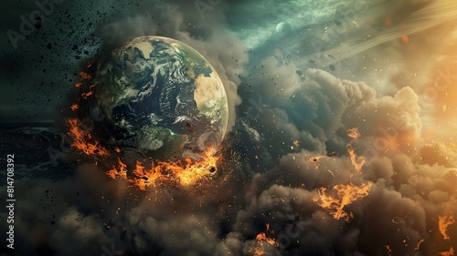 A dramatic illustration of planet earth in the midst of exploding due to the impact of climate change, fire, smoke and clouds