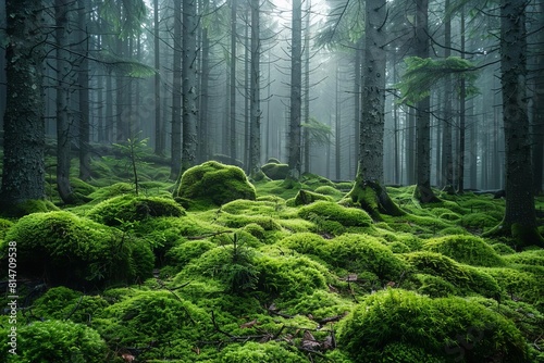 A lush green moss-covered forest floor with a slight mist in the air