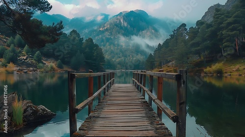 wooden bridge over lake in the mountains swiss alpine village