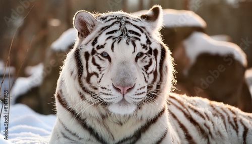 Un gros plan d'un tigre blanc qui rugit dans la neige