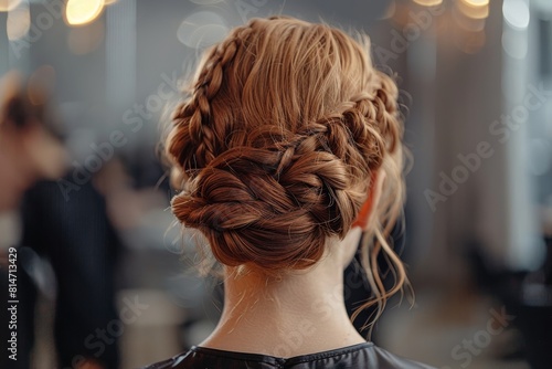 A woman with a braided hairstyle is sitting in a salon