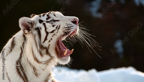 Un gros plan d'un tigre blanc qui rugit dans la neige