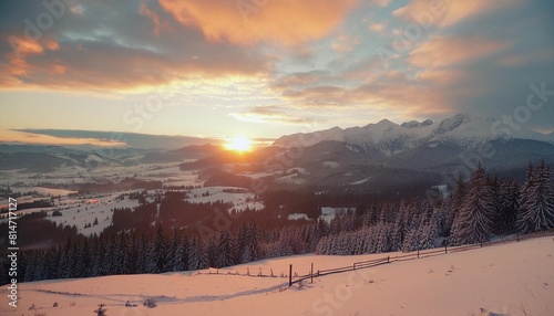 sunset in kopa kondracka in polish tatra mountains in winter snow weather conditions