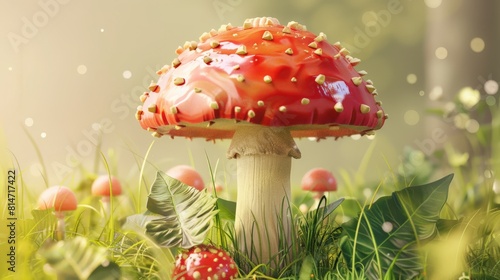 Red and white toadstool in a green field