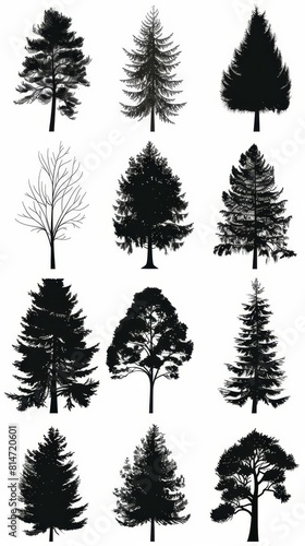 A collection of twelve black and white tree silhouettes. The trees are of various heights and shapes, and include both deciduous and coniferous trees.