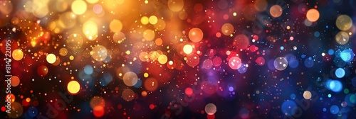 Blue yellow and pink blurred light dots on dark abstract bokeh background. Banner image