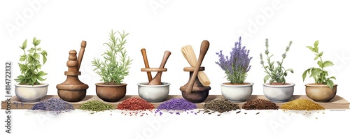 Herbs grinding in mortar display flat design side view herbal remedy theme 3D render complementary color scheme