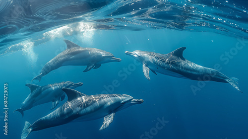 A pod of dolphins gracefully swimming in the clear blue ocean, illuminated by sunlight