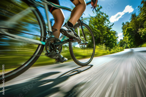 Cyclist riding fast on a road in a blur motion.